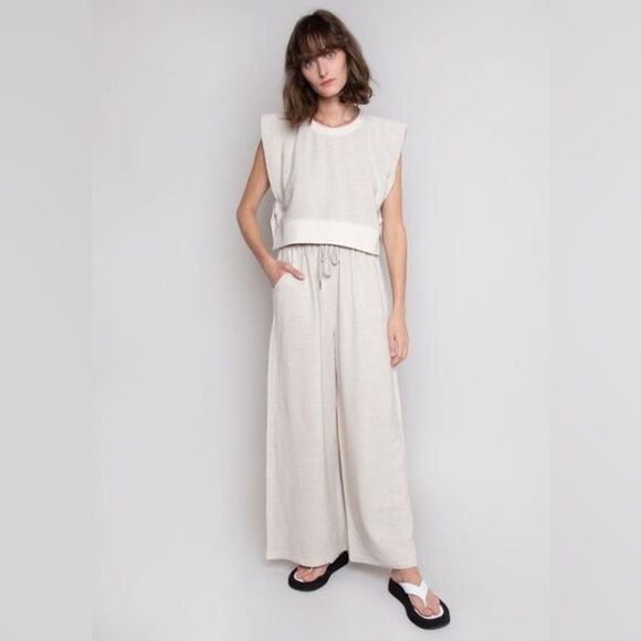 Frankie shop | Linen Padded Shoulder Jogger Set in Cream/Ecru - Picture 1 of 16